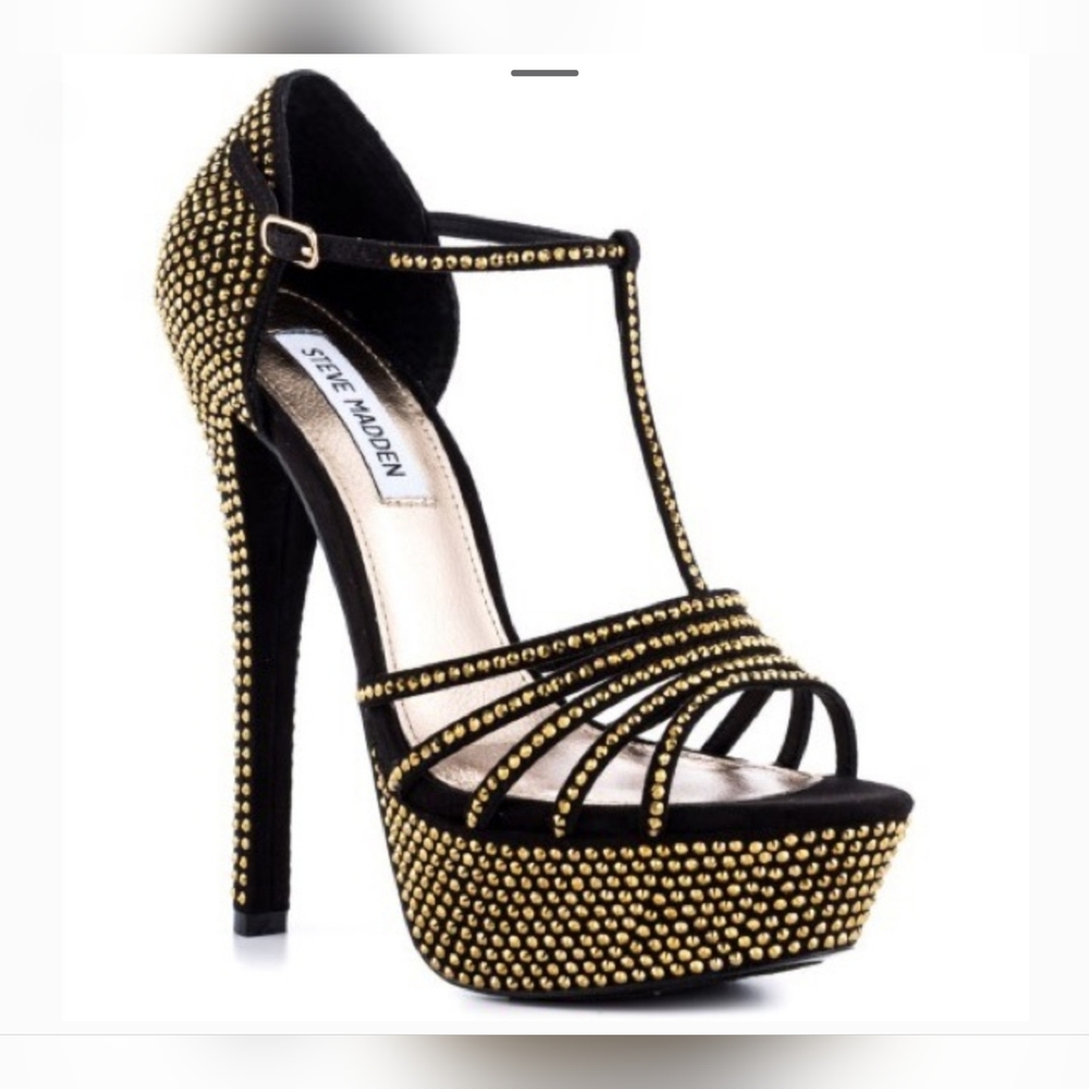 Steve Madden Black & Gold Avory Rhinestone Platform Stiletto Heels 7.5